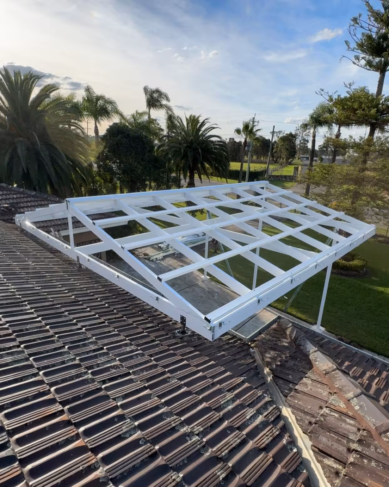 Aerial view of a pergola roof structure under construction by Formex Constructions in Western Sydney