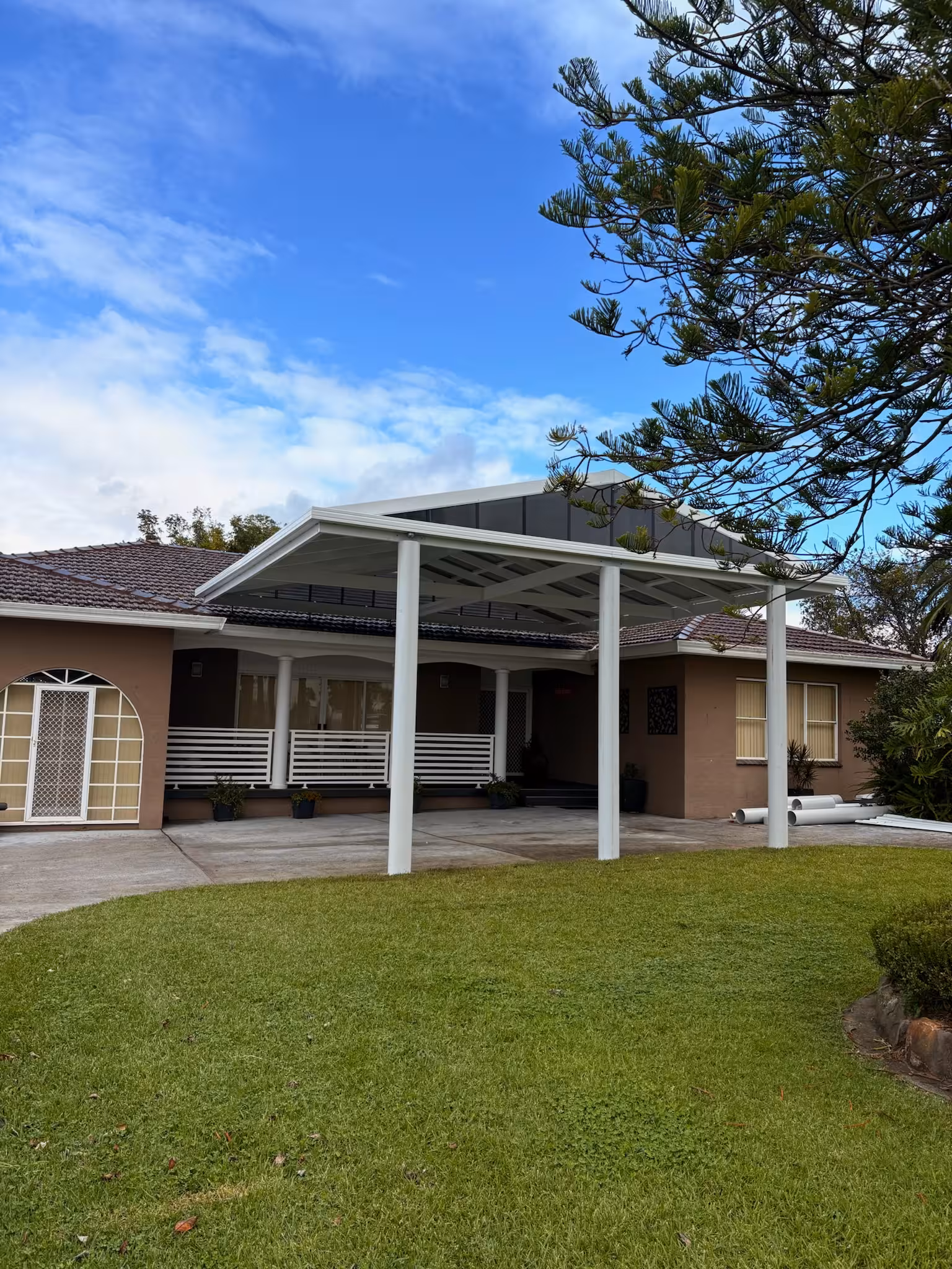 Pergolas & Carports project — Gable-roof patio and carport with feature columns