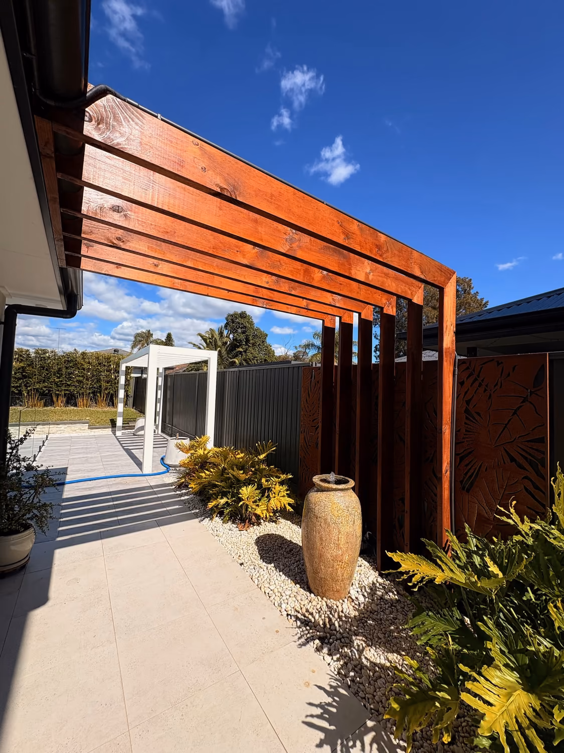 Custom timber pergola walkway built by Formex Constructions in Western Sydney